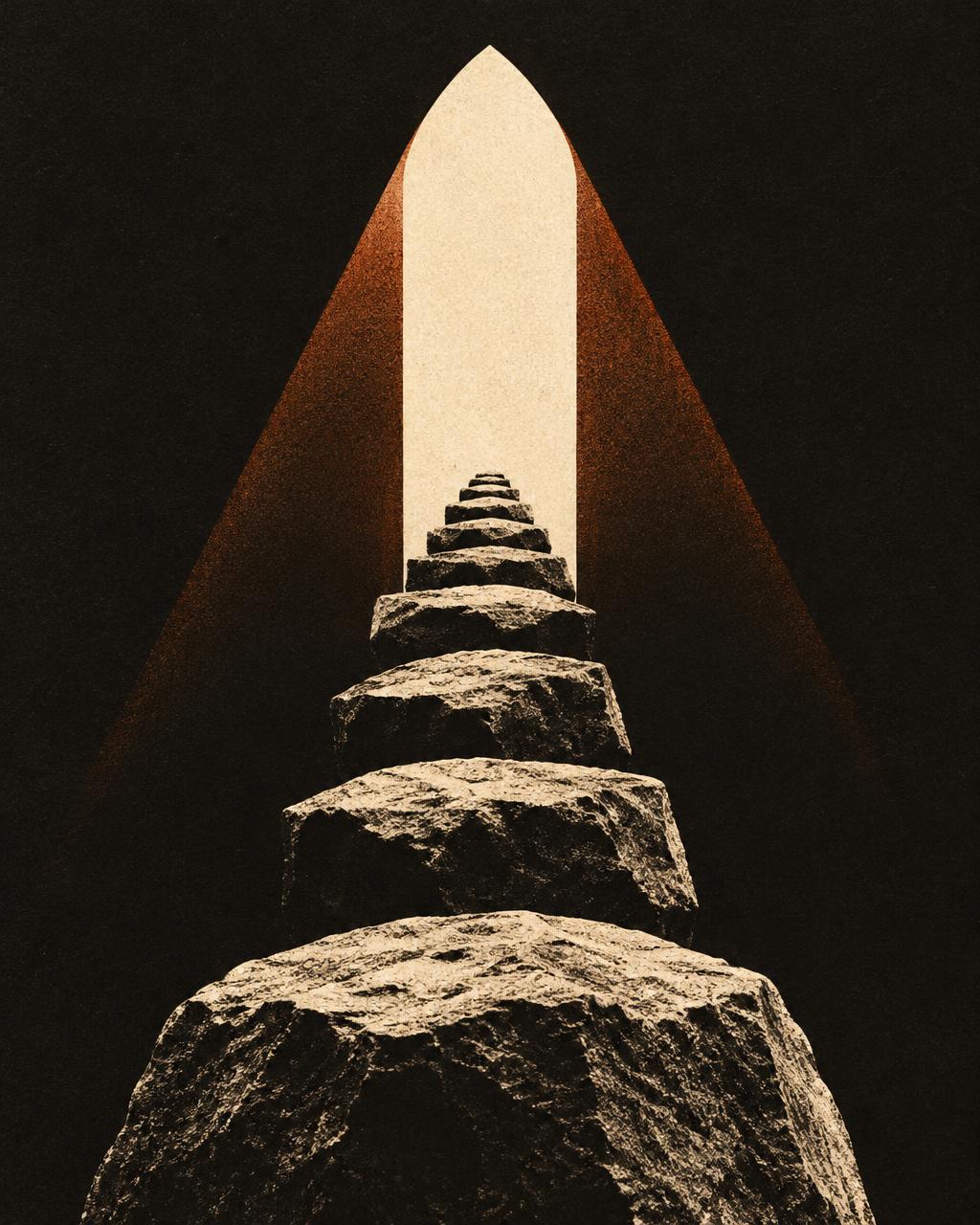 Exit 008 poster: stones rising toward a cathedral arch