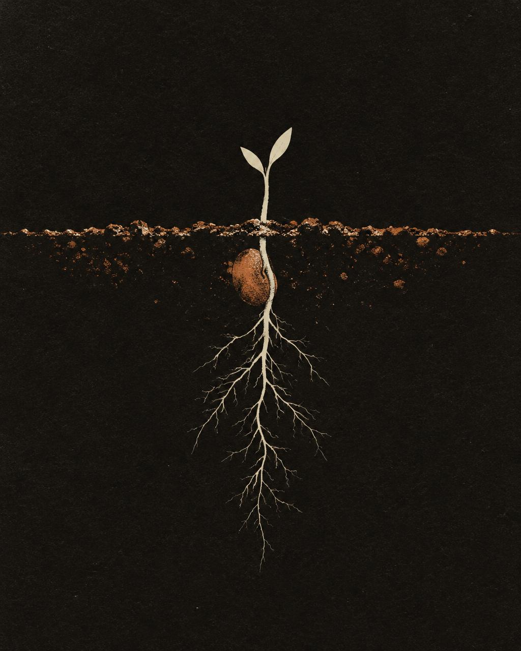 Exit 010 poster: a seed growing roots beneath dark soil
