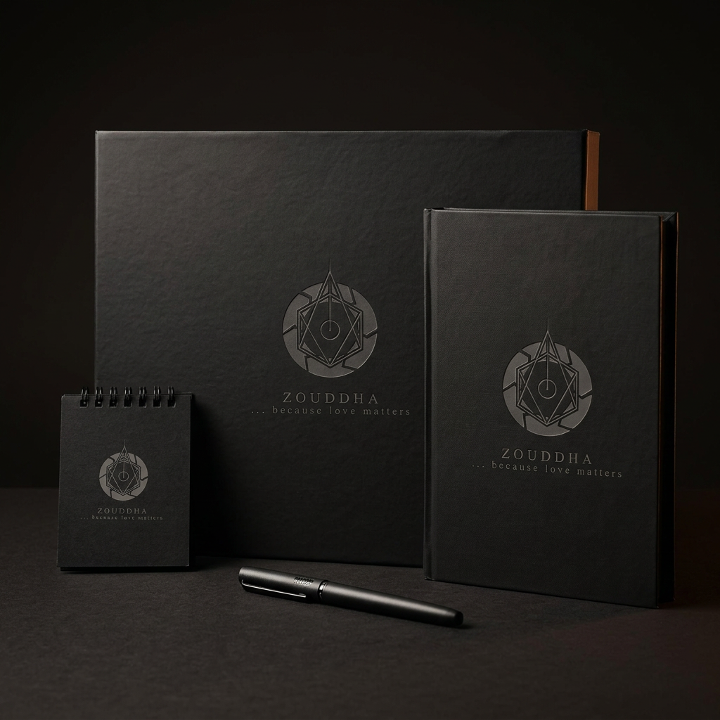 The Zouddha Human Code Journaling Kit — journal, pocket notepad and pen in a black Zouddha box
